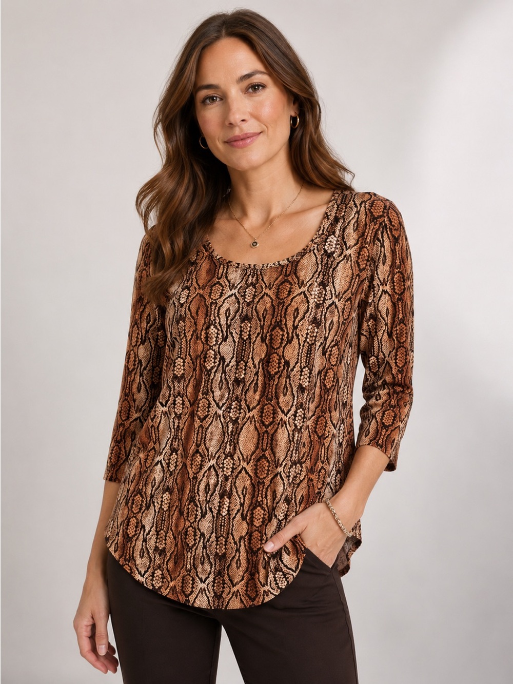 JM Collection Petite Python 3/4 Sleeve Scoop-Neck Top